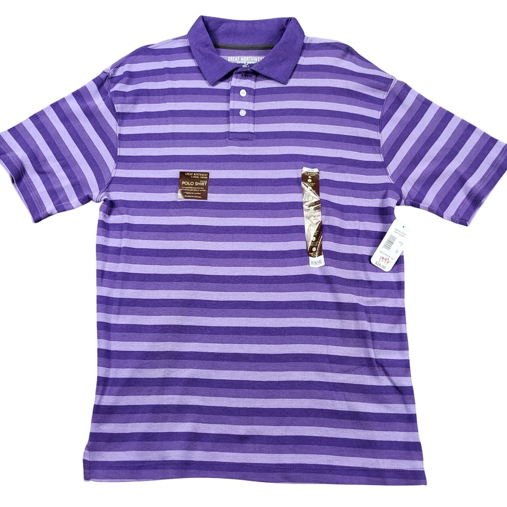 Great Northwest Mens Purple Striped Polo Shirt Short Sleeve Interlock Knit L NEW